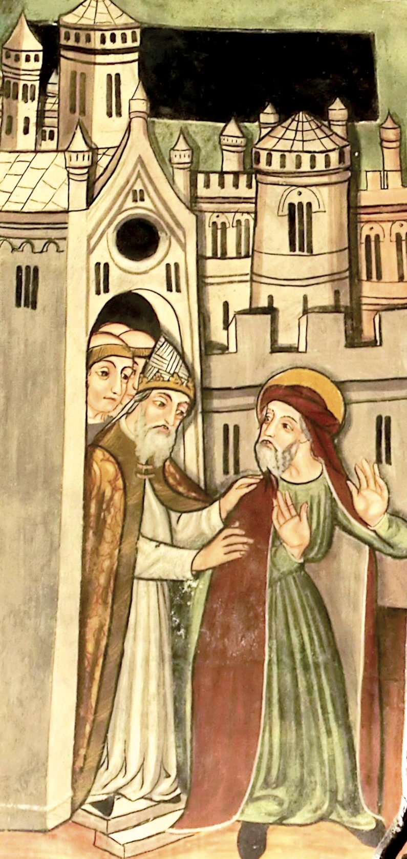 1 - San Gioacchino allontanato dal tempio; Affresco; Giovanni Mazzucco; Fine XV secolo; Santuario della Madonna del Bricchetto; Morozzo.
