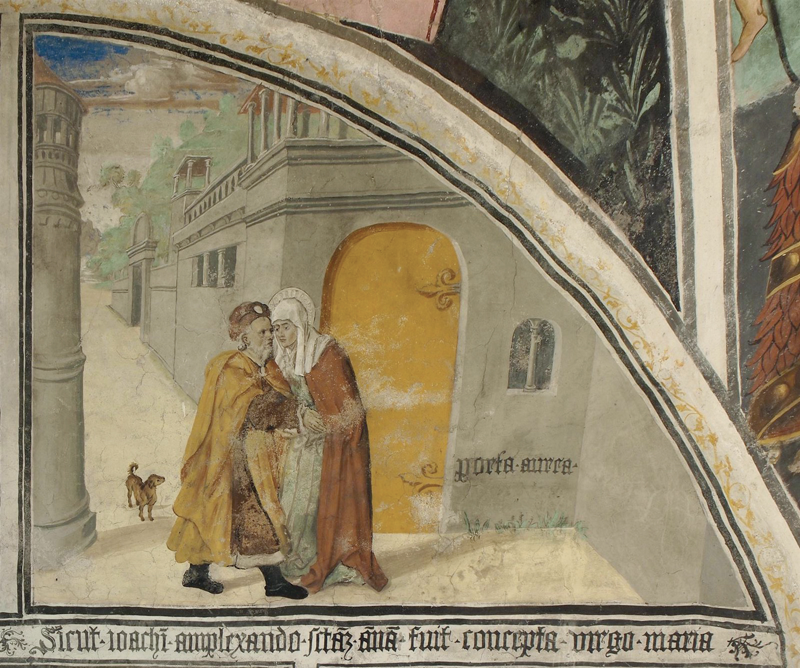 3 - L’incontro tra Gioacchino e Anna; Affresco; Hans Clemer; Fine XV / Inizio XVI secolo; Parrocchiale dell’Assunta; Elva.