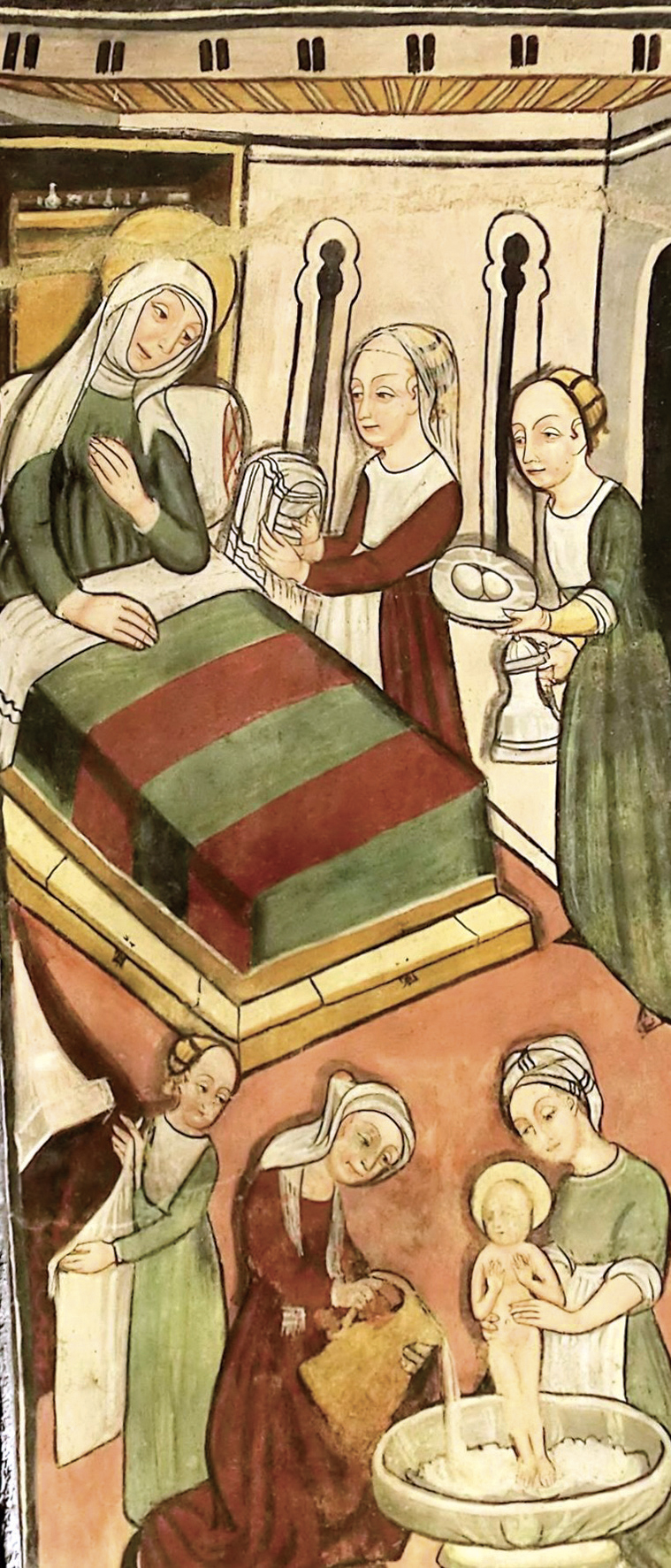 1 - La natività della Vergine; Affresco; Giovanni Mazzucco ; Fine XV secolo; Santuario della Madonna del Bricchetto; Morozzo.