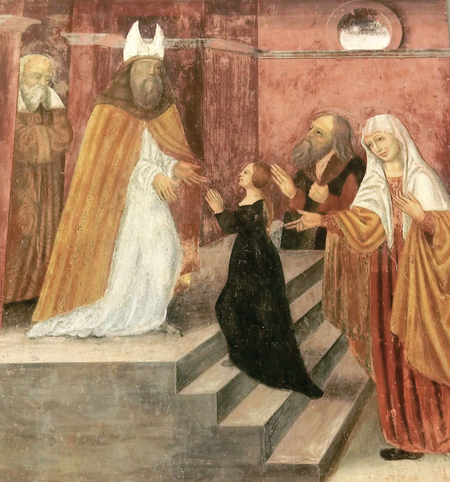 2 - Sant’Anna offre Maria al tempio; Affresco; Pittore ignoto; Fine XV / Inizio XVI secolo; Pieve di Santa Maria; Beinette.