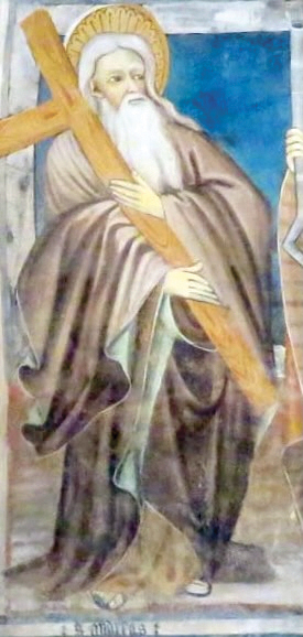 3 - Sant’Andrea; Affresco; Seconda metà del XV secolo; Pittore ignoto; Cappella di San Salvatore; Macra.3 - Sant’Andrea; Affresco; Seconda metà del XV secolo; Pittore ignoto; Cappella di San Salvatore; Macra.