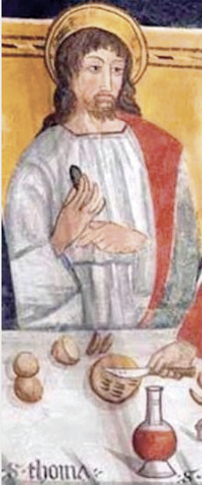 2 - San Tommaso, affresco (particolare), Inizi XVI secolo; Giovanni Botoneri; Santuario di San Magno - Cappella vecchia a Castelmagno.