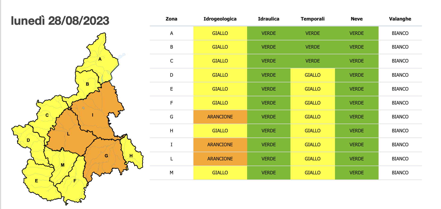 Allerta meteo lunedì 28 agosto