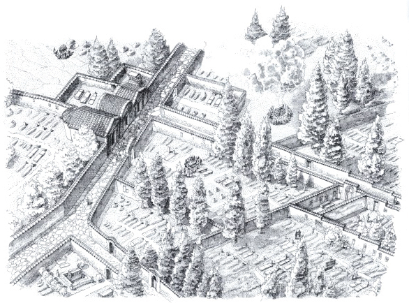 Disegno della necropoli di Pedona (disegno di F. Corni in “San Dalmazzo di Pedona. Il Museo dell’abbazia”, a cura di E. Micheletto, 2005, p. 12)