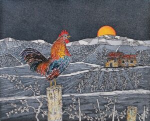 Il-canto-del-gallo-2014-acquaforte-acquatinta-acquerellata- Pierflavio Gallina