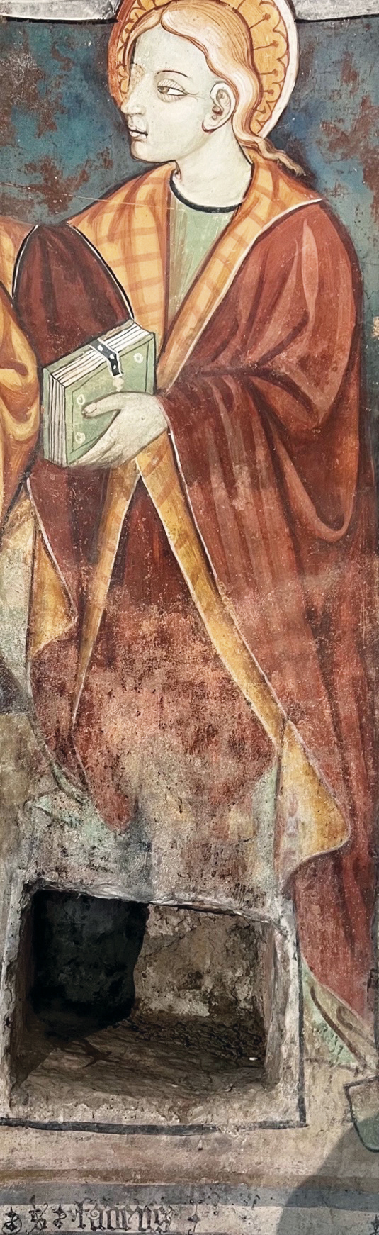 1 - San Giuda Taddeo; Affresco (particolare); Seconda metà XV secolo; Ignoto; Cappella di San Salvatore; Macra.