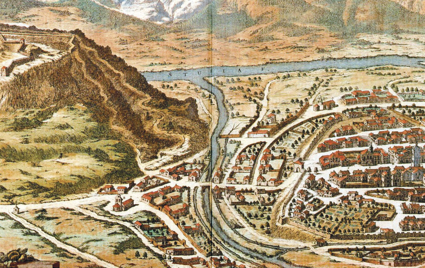 La chiesa della pieve di San Giovanni a Demonte, ai bordi dell’abitato (disegno di G. Boetto nel 1665)