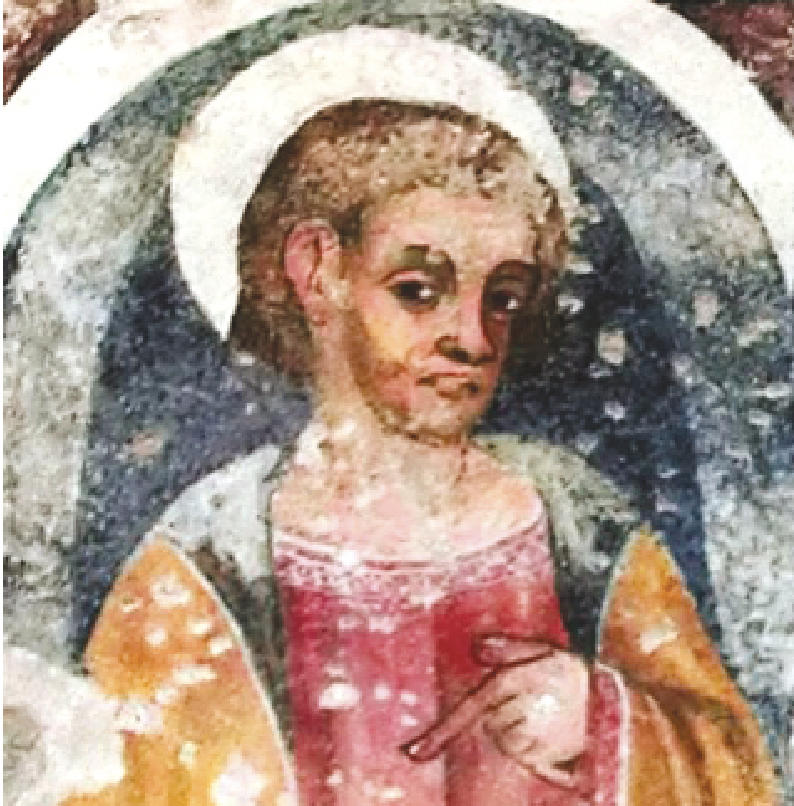 3 - San Mattia; Affresco (particolare); Seconda metà XV secolo; Seguirano Cigna; Cappella di San Ponzio; Marsaglia.
