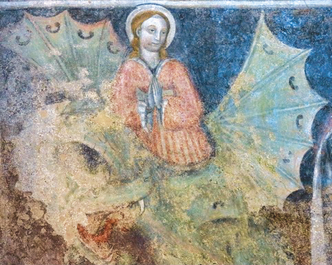 Santa Margherita; Affresco (particolare); Pietro da Saluzzo; Metà XIV secolo; Antica Parrocchiale dei Santi Filippo e Gi