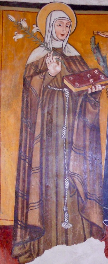 3 - Santa Chiara d’Assisi n; Affresco; Seconda metà del XV secolo; Anonimo; Parrocchiale di San Martino; Bastia Mondovì.
