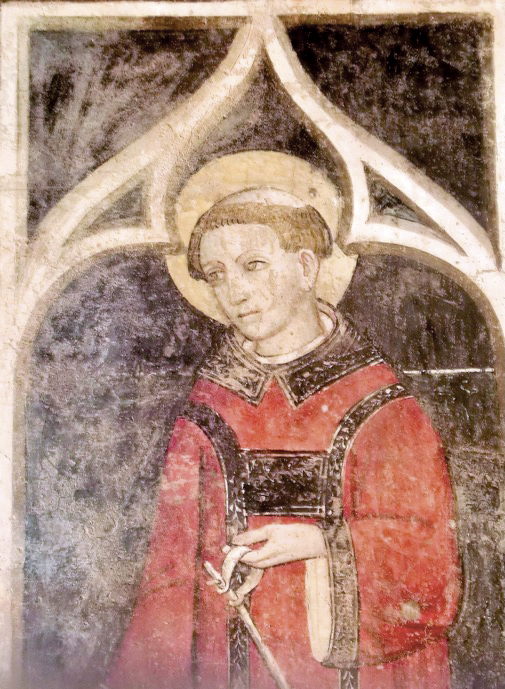 3 - San Leonardo di Noblat; Affresco; Scuola di Giacomo Jaquerio; Prima metà del XV secolo; Chiesa di San Pietro; Pianezza.