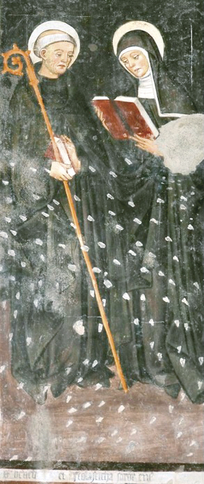 1 - Santa Scolastica e san Benedetto; Affresco; Fine XV – Inizio XVI secolo; Attribuito a Johane Petro; Abbazia dei santi Pietro e Colombano; Pagno.