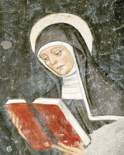 2 - Santa Scolastica; Affresco (particolare); Fine XV – Inizio XVI secolo; Attribuito a Johane Petro; Abbazia dei santi Pietro e Colombano; Pagno.