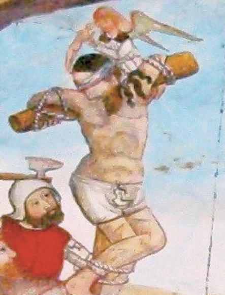 2 - San Disma; Affresco (particolare); Giovanni Botoneri; Prima metà XVI secolo; Cappella Botoneri (Santuario di San Magno); Castelmagno.