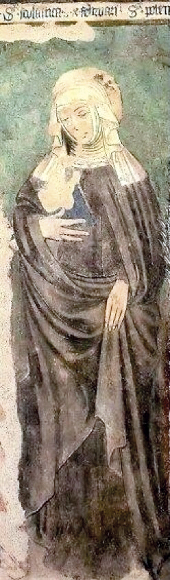 3 - Santa scolastica; Affresco; Anonimo; Seconda metà XV secolo; Cappella di san Sebastiano; Pecetto Torinese (TO).