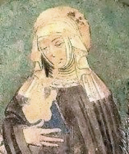 4 - Santa scolastica; Affresco (particolare); Anonimo; Seconda metà XV secolo; Cappella di san Sebastiano; Pecetto Torinese (TO).