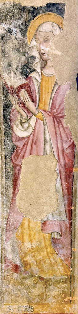4 - Santa Brigida di Svezia (?); Affresco; Seconda metà del XV secolo; Pietro di Saluzzo; Cappella dei santi Bernardo e Mauro; Valgrana.