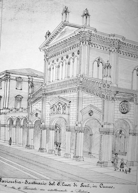 Progetto redatto nel 1917 dal geometra Antonino adattando la facciata ai portici (da: Sacro Cuore 100 anni in cammino)