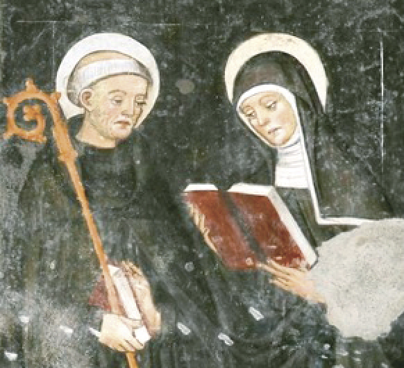 - Santa Scolastica e san Benedetto; Affresco; Fine XV – Inizio XVI secolo; Attribuito a Johane Petro; Abbazia dei santi Pietro e Colombano; Pagno.