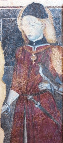3 - San Giuliano col falco; Affresco (particolare); Anonimo; Inizio XV secolo; Antica parrocchiale dei santi Filippo e Giacomo; Verzuolo.