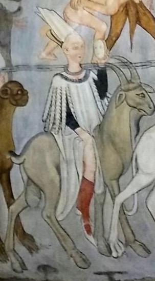3 - Ariete come simbolo della lussuria; Affresco; Anonimo; XV secolo; Chiesa di San Fiorenzo; Bastia Mondovì.