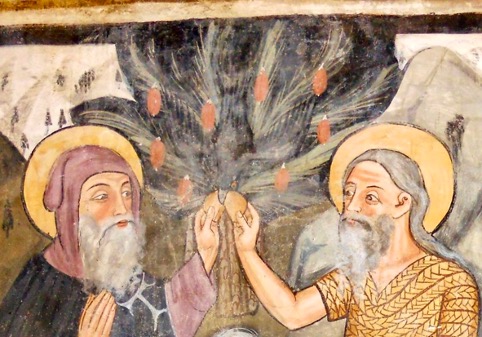 2 - Il corvo porta il cibo a Antonio e Paolo eremita, affresco (Particolare), anonimo, XV secolo, Chiesa di San Fiorenzo Bastia Mondovì.