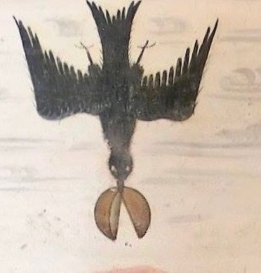 3 - Il corvo porta il cibo a Antonio e Paolo eremita, affresco (Particolare), anonimo, XVI secolo, Ex-Confraternita dei Disciplinati Niella Tanaro.