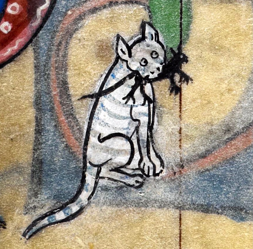 1 - Topo nero e gatto bianco; Manoscritto 17 (Fol. 75 v.); Libro delle Ore di Maastricht; XIV Secolo; British Library; Londra.