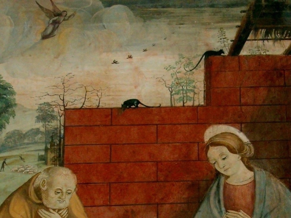 3 - Topi sullo sfondo della Natività di Cristo; Affresco (Particolare); Anonimo; XV-XVI secolo; Pieve di santa Maria; Beinette.