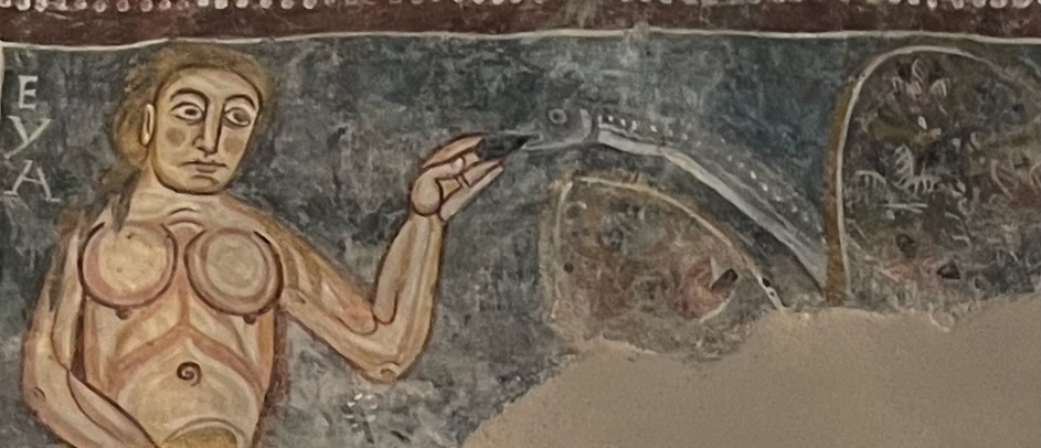 2 - Eva e il serpente; Affresco (particolare); Anonimo; XII secolo; Cappella di San Salvatore; Macra.
