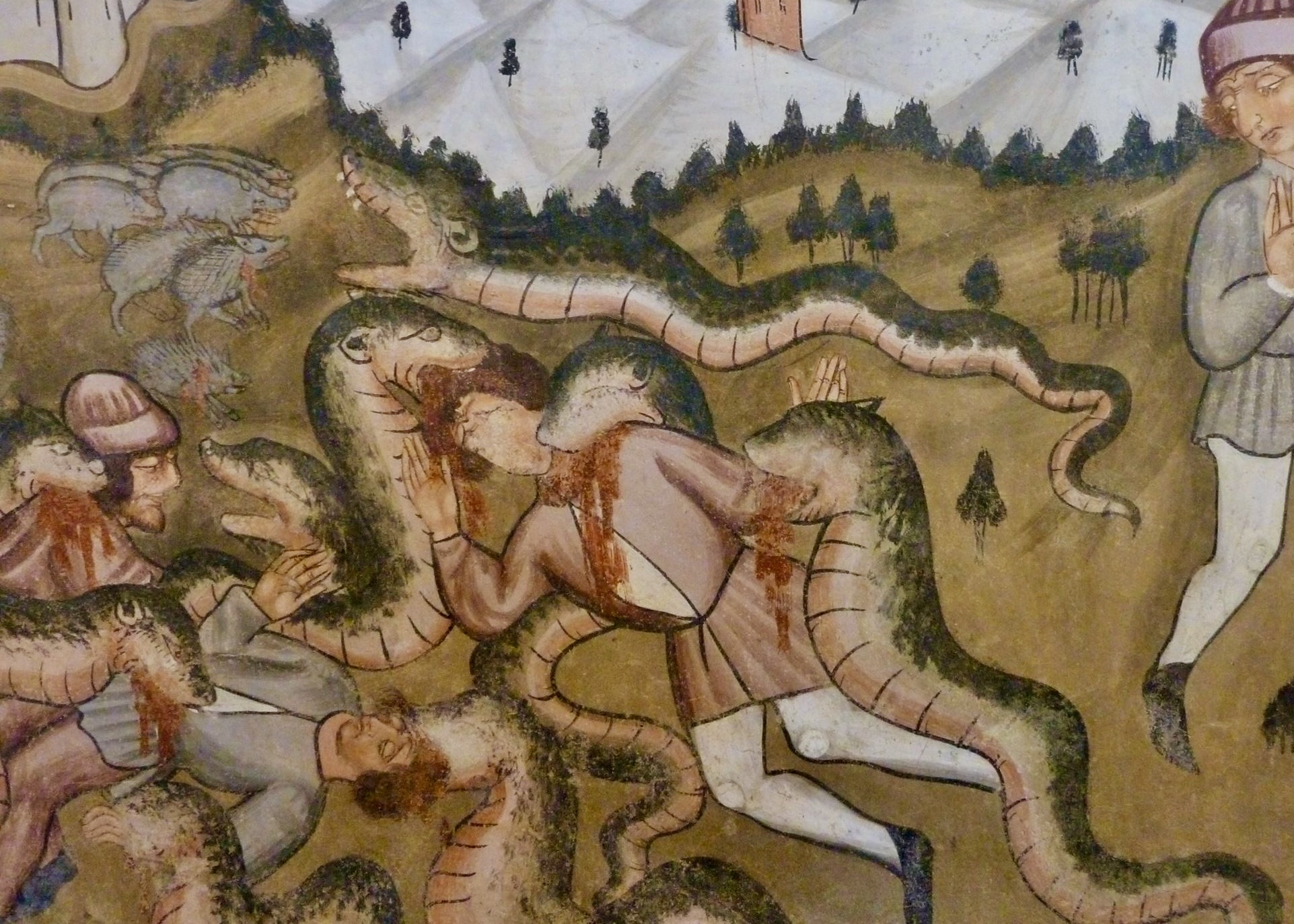 3 - Uomini divorati da serpenti; Affresco (particolare); Anonimo ; XV secolo; Chiesa di San Fiorenzo; Bastia Mondovì.