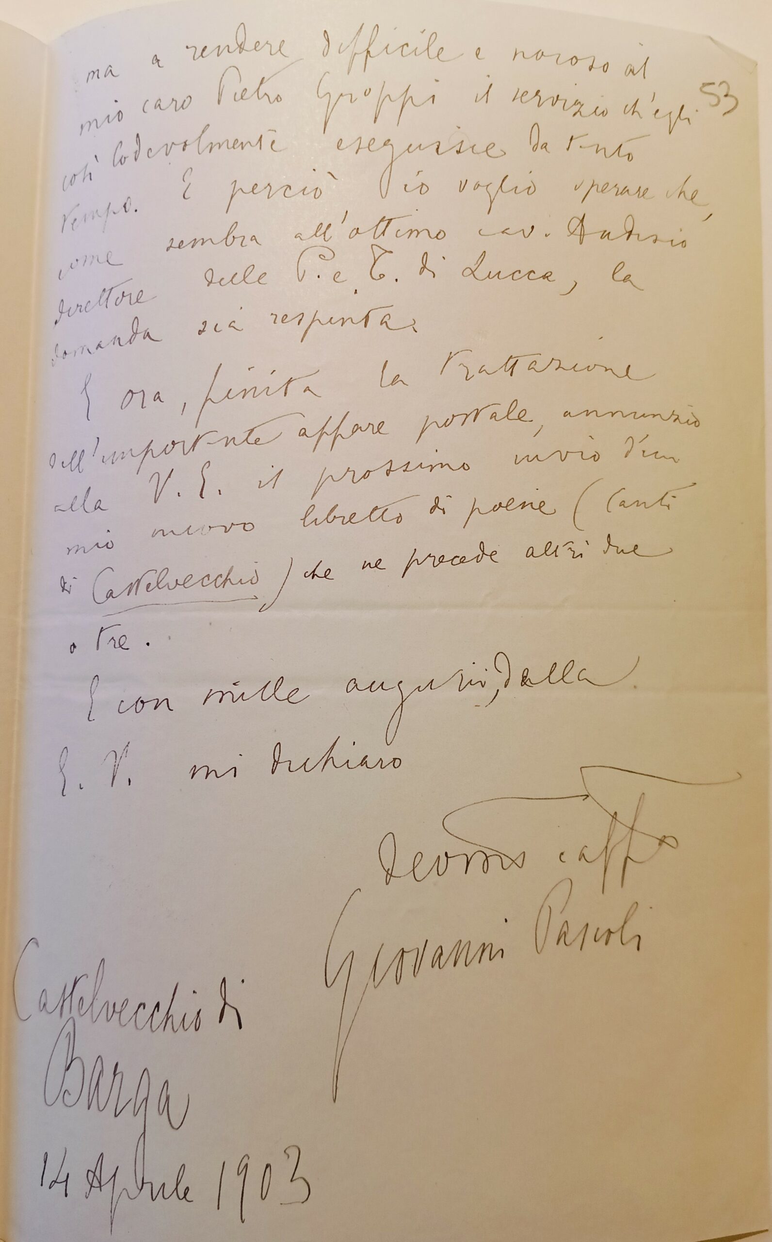 Lettera di Pascoli a Galimberti