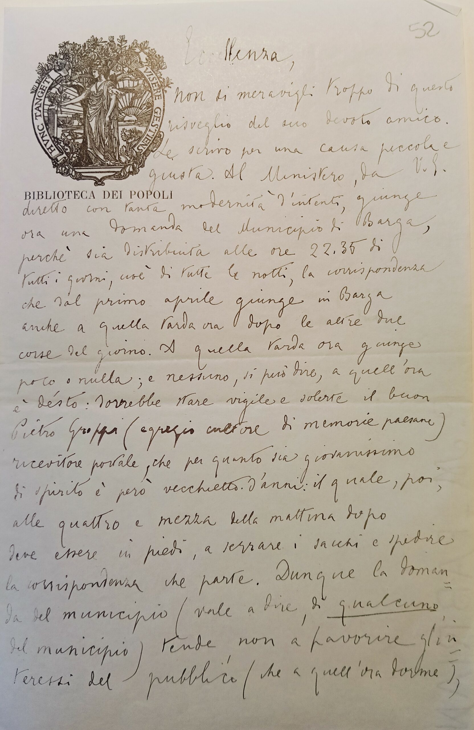 Lettera di Pascoli a Galimberti
