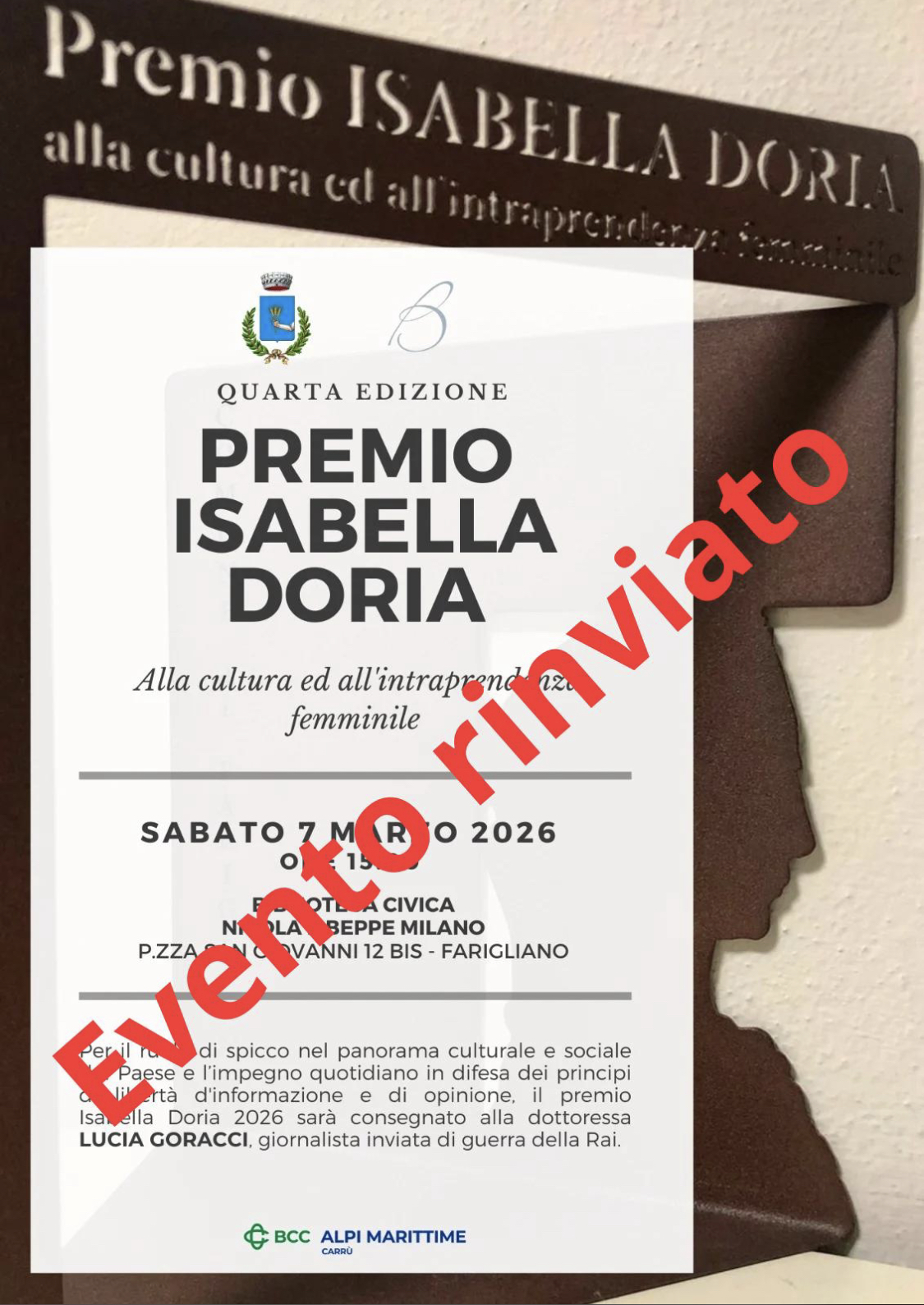 locandina Premio Isabella Doria rinviato